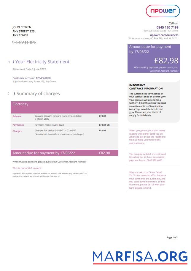 Downloadable United Kingdom Npower utility bill, Word and PDF template